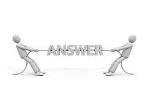 Two 3D men playing tug of war pulling the text ANSWER
