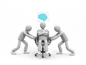 デジタル脳を持つ人物とそれをサポートするチームメンバーのイラスト