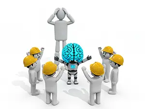 AIロボットを囲んで喜ぶ作業員と頭を抱えるリーダーのビジネスイラスト