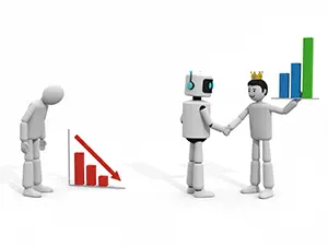 業績ダウンする人間とAIと協力して業績アップする人間の比較イラスト