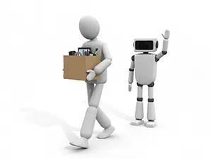 荷物を持って退職する人間と手を振るAIロボットのイラスト