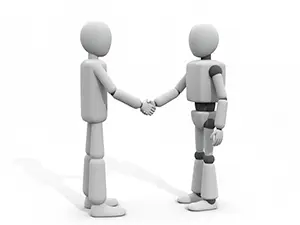 立った姿勢で握手をしてパートナーシップを結ぶ人間とロボットのイラスト