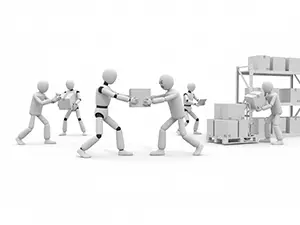 荷物運びにてこずる人間とスムーズに連携するロボットの比較イラスト