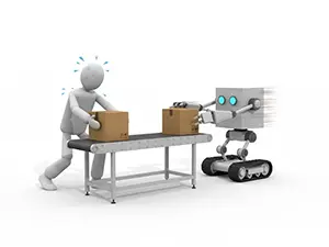 ベルトコンベア作業で疲弊する人間と高速で動くロボットのイラスト