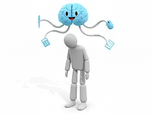 多機能なAI脳の下で落ち込むビジネスパーソンのイラスト