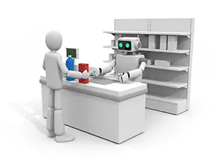 お店のカウンターで商品を受け渡すロボット店員と人間の買い物客のイラスト