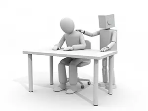 落ち込んでいる人間の肩に手を置くAIロボットのイラスト