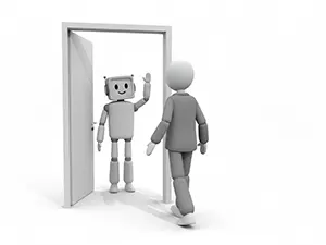 開いたドアの横で人間を歓迎するAIロボットのイラスト