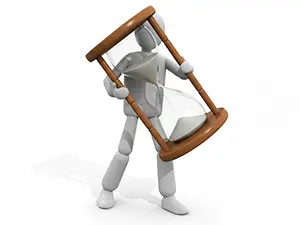 巨大な砂時計を抱えて砂が落ちる様子を確認している3D人物