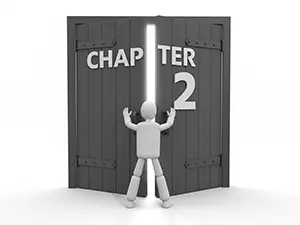 CHAPTER2と書かれた大きな扉を開き光の中へ進む3D人物