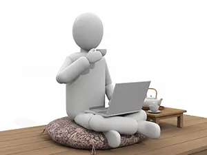 縁側で座布団に座りお茶を飲みながらノートPCを操作するリラックスした3D人物