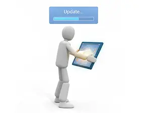 タブレットを操作し頭上にアップデート中のバーが表示されている3D人物