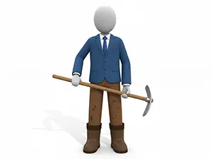 スーツ姿に長靴とクワを装備した半農半Xスタイルの3D人物