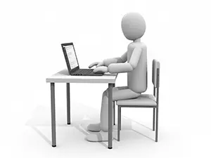 白い机でノートパソコンを操作している横向きの3D人物