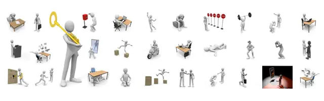 鍵を持つ、走る、握手する、頭を抱えて悩む、ハードルを越えるなど、ビジネスマンや男性の様々な感情・行動パターンを網羅した3D人物素材セット。