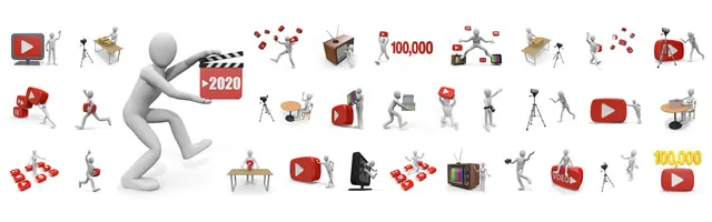 再生ボタンを持つ、カメラで撮影、カチンコを鳴らす、開封動画、登録者数達成の文字など、YouTuberや動画配信・制作シーンを描いた3D人物素材セット。