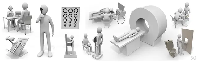 視力検査、MRI検査、歯科治療、採血、体重測定、トイレ検尿など、病院での健康診断や医師と患者の診察シーンを網羅した医療系3D人物素材セット。